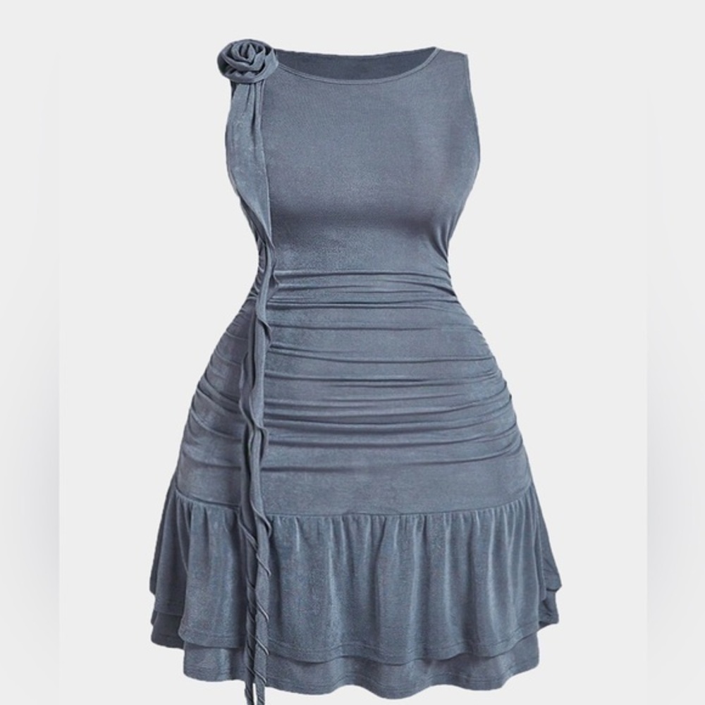 Plus Size Ruffle Ruched 3D Floral Sleeveless Mini Dress 1XL mc1-9